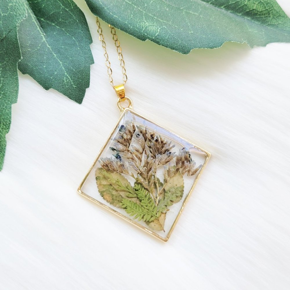 Floral Pendant Necklace Pressed Dried Flower Large Geometric Handmade Necklace